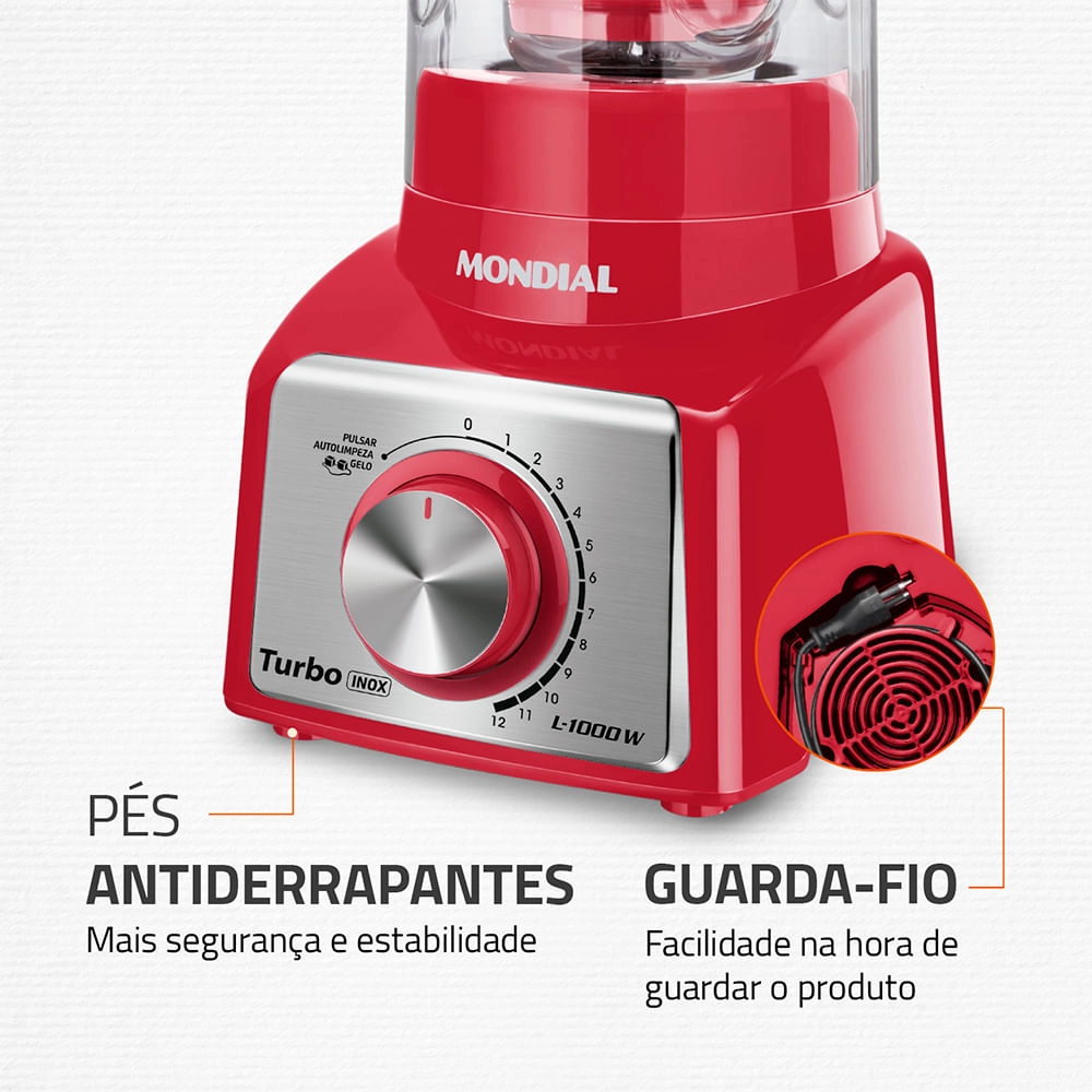 Liquidificador Turbo Mondial  Inox Red L-1000 RI LIQUIDIFICADOR-220V-VERMELHO/INOX