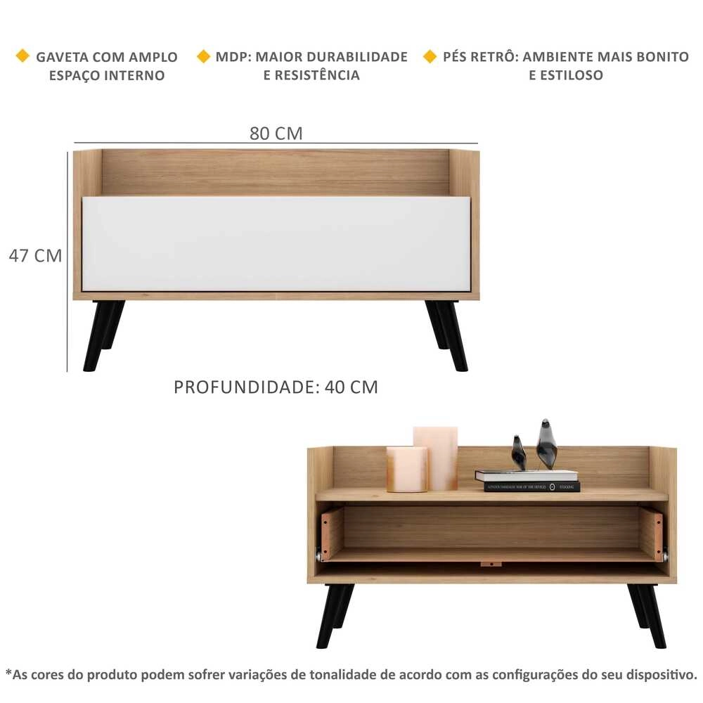 Mesa de Cabeceira 80 cm com Pés Retrô Multimóveis Rustic/Branco/Preto