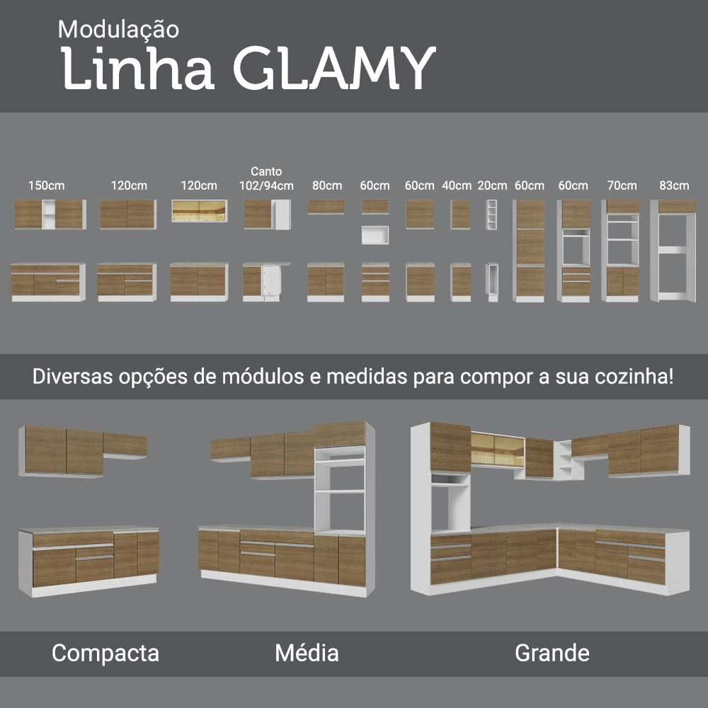 Cozinha Compacta Madesa Glamy 150001 com Armário e Balcão (Com Tampo) Branco/Rustic Cor:Branco/Rustic