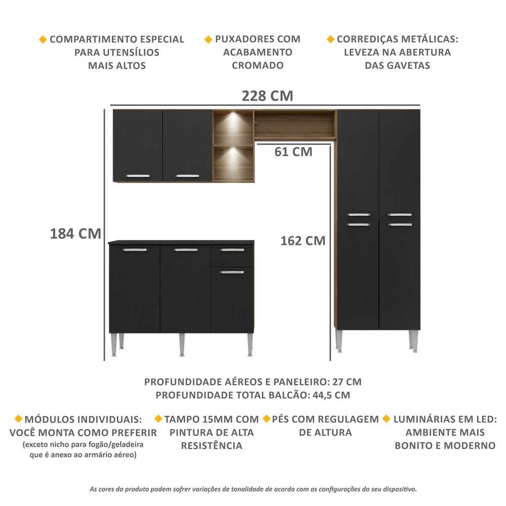 Armário de Cozinha Compacta c/ 2 Leds e Balcão com Tampo 3 pç Pequim Multimóveis Madeirado/Pto