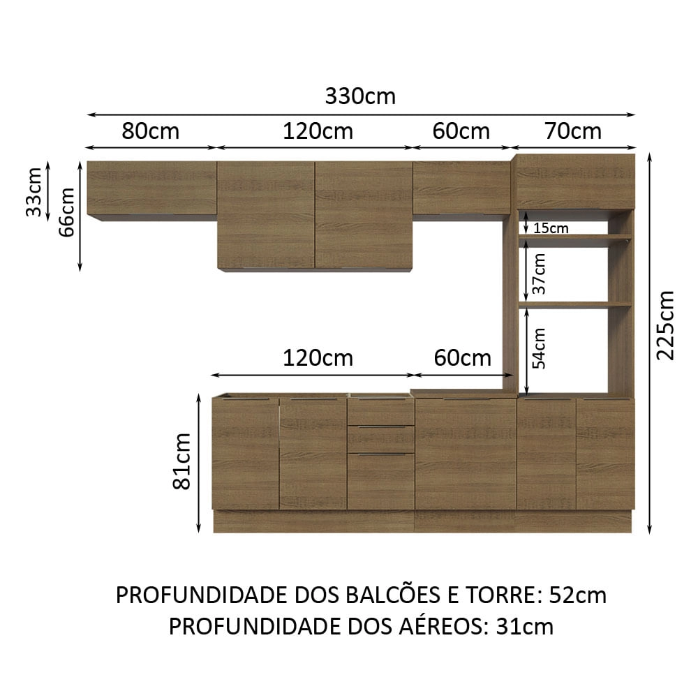 Armário de Cozinha Completa 330cm Rustic Stella Madesa 05 Cor:Rustic