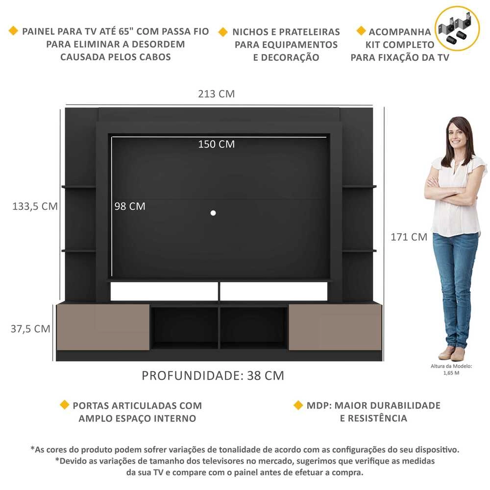 Estante Rack com Painel e Suporte TV 65" Moscou Multimóveis Preto/Lacca Fume