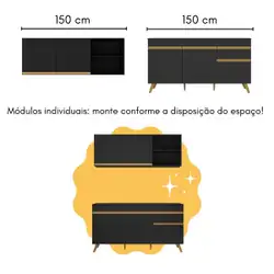 Armário de Cozinha Compacta com Mesa Gourmet Veneza Multimóveis MP2201 Preto/Dourado