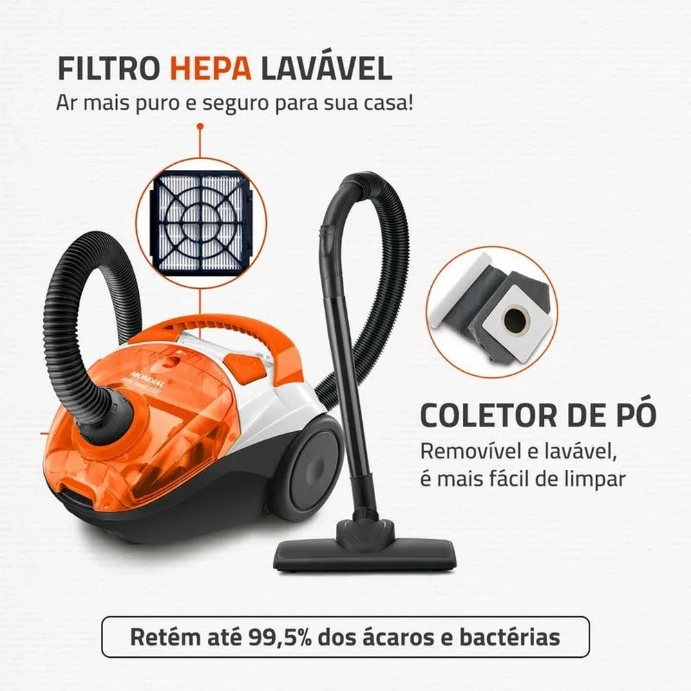 Aspirador de Pó Mondial Turbo 2000 AP-15 Filtro Hepa 1500W Laranja/branco 220V