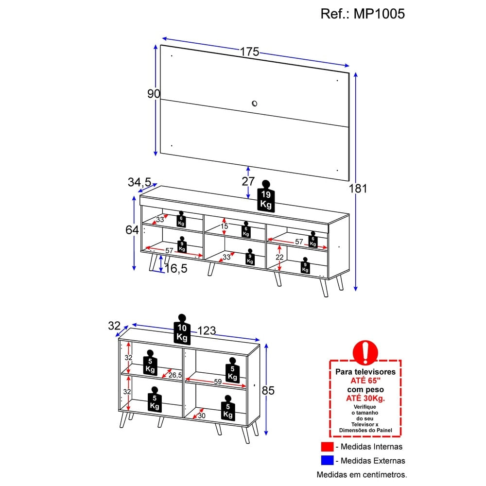 Conjunto Sala de Estar Rack + Painel TV 65" e Aparador Retrô Sofia Multimóveis Branco/Preto