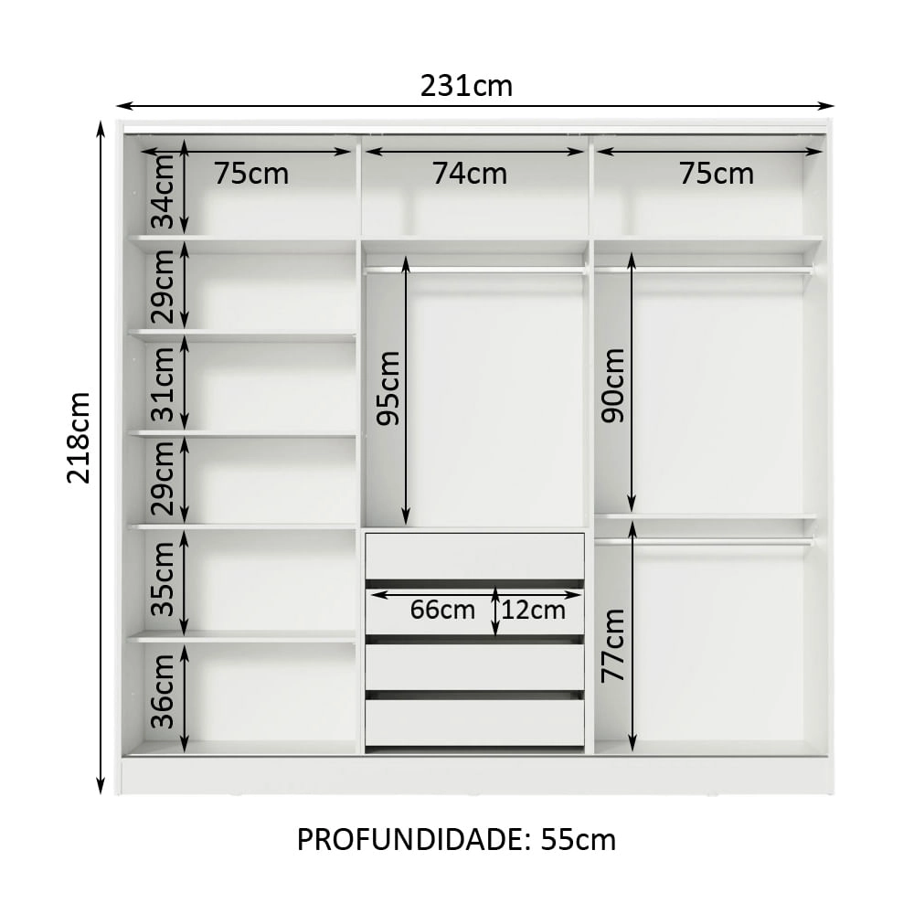 Guarda Roupa Infantil 100% MDF Madesa Logan 3 Portas de Correr - Branco/Rustic Cor:Branco/Rustic