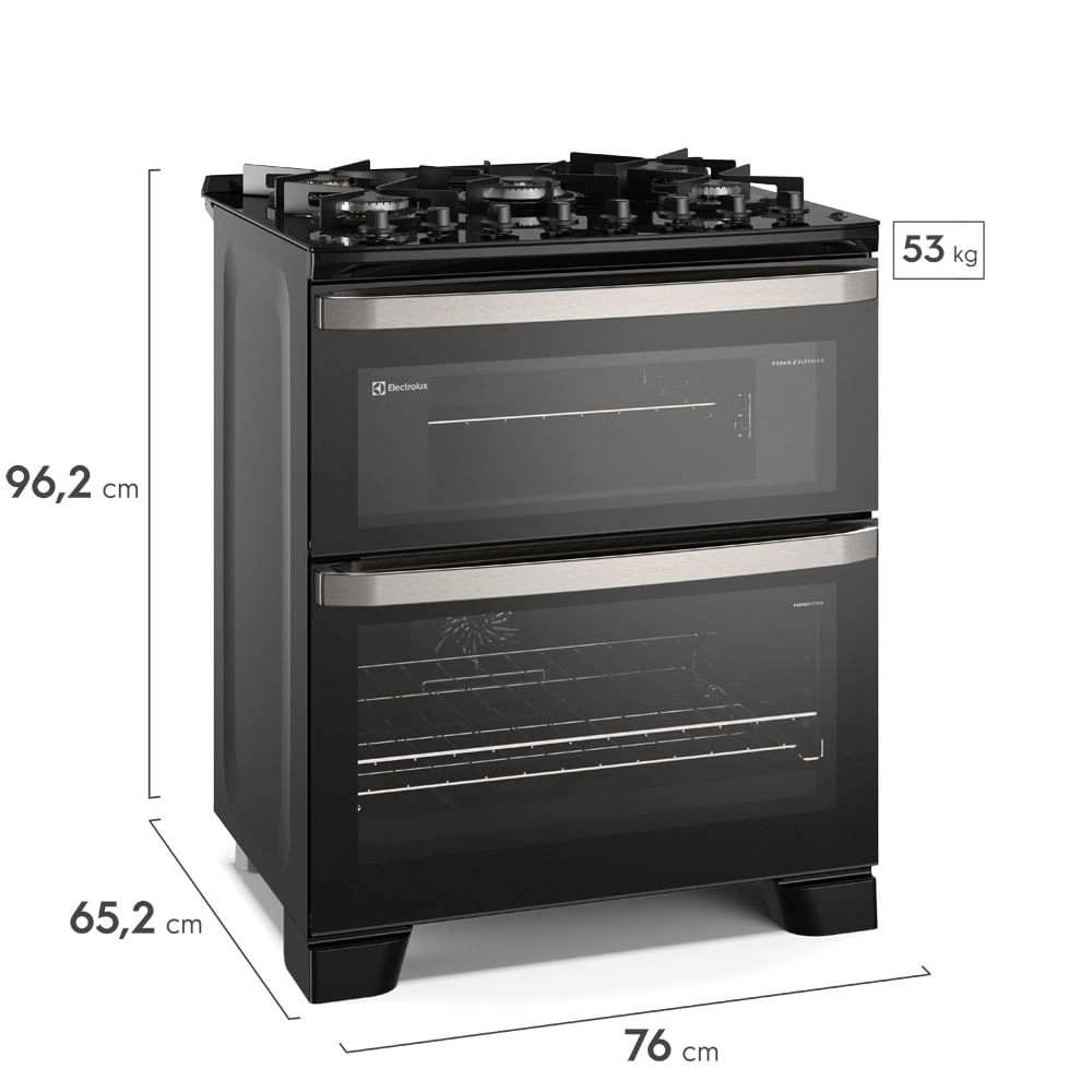 Fogão 5 bocas Electrolux Preto Experience com Duplo Forno, Mesa de Vidro e PerfectCook360 (FE5DP) 220V