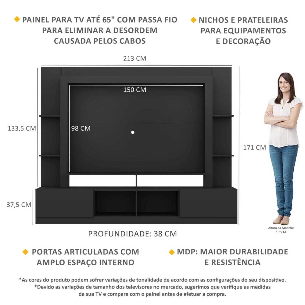 Rack Estante com Painel TV 65" e 2 portas Oslo Multimóveis Preto