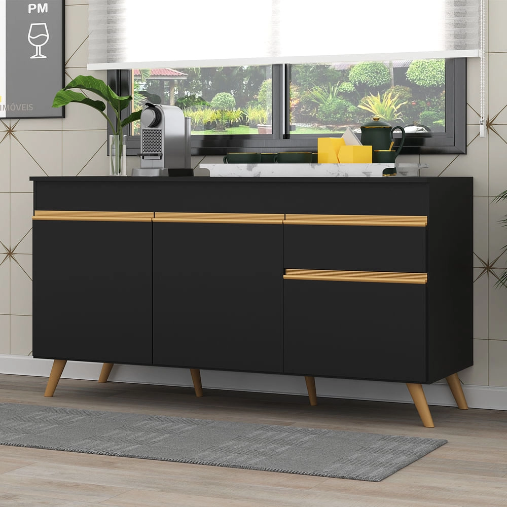 Balcão Cozinha Gabinete Pia 150 cm 3 Portas 1 Gaveta Veneza Multimóveis MP3740 Preto