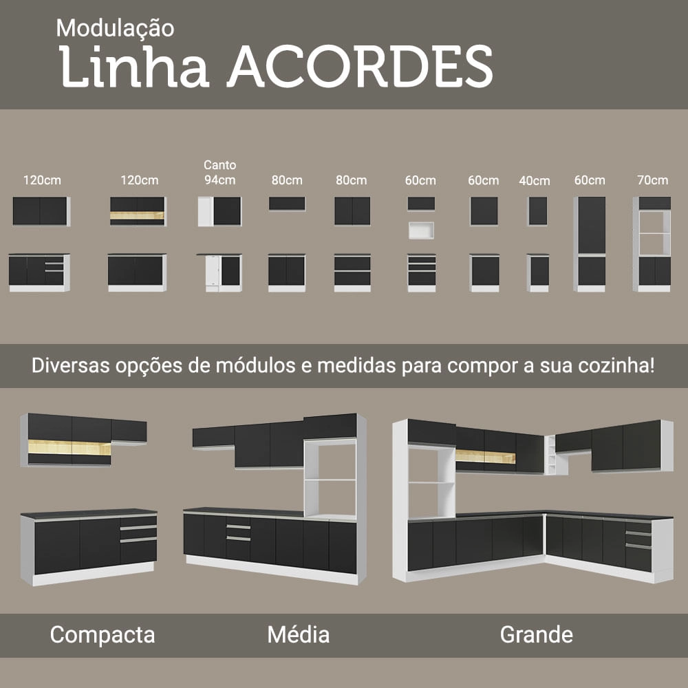 Armário Aéreo 100% MDF 60 cm 1 Porta Basculante Branco/Preto Acordes Madesa Cor:Branco/Preto