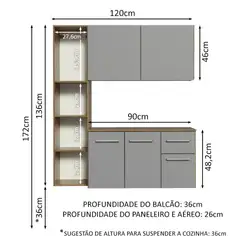 Armário de Cozinha Compacta 120cm Rustic/Cinza Easy Madesa Cor:Rustic/Cinza