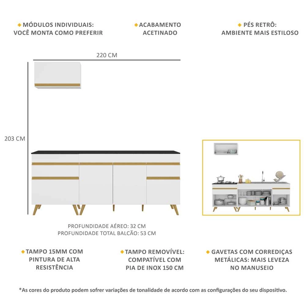 Armário de Cozinha Compacta Veneza Multimóveis MP2074 e Balcão Branca