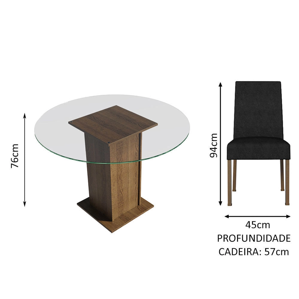 Conjunto Sala de Jantar Mesa Tampo de Vidro Redondo 4 Cadeiras Rustic/Oxford Mile Madesa Cor:Rustic/Oxford