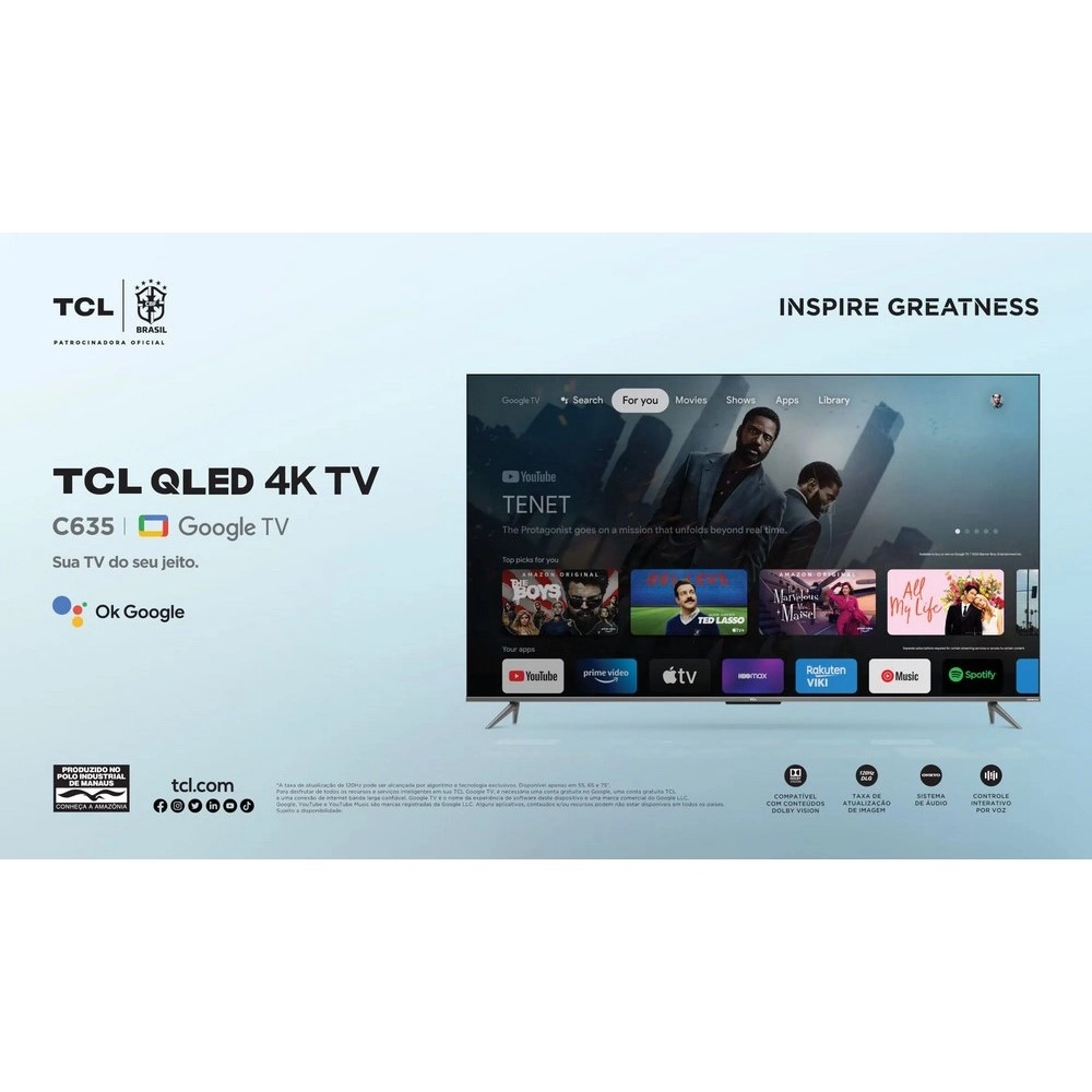 TV QLED Smart 55" TCL 55C635 Ultra HD 4K Google TV 3 HDMI 2 USB Comando de Voz Chumbo Bivolt