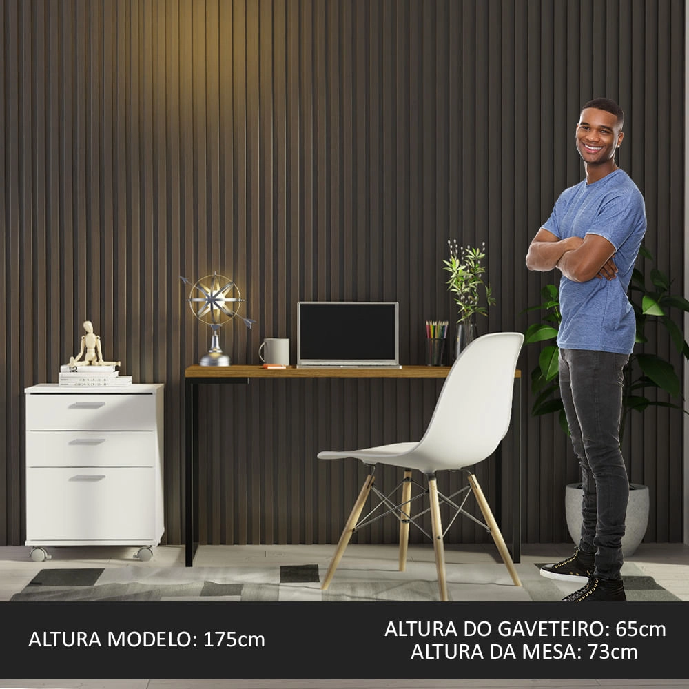 Conjunto Escritório Home Office com Mesa Industrial + Gaveteiro Rustic/Branco Madesa Cor:Rustic/Branco