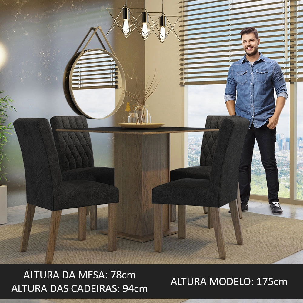 Conjunto Sala de Jantar Mesa Tampo de Madeira 4 Cadeiras Rustic/Preto/Oxford Livia Madesa Cor:Rustic/Preto/Oxford