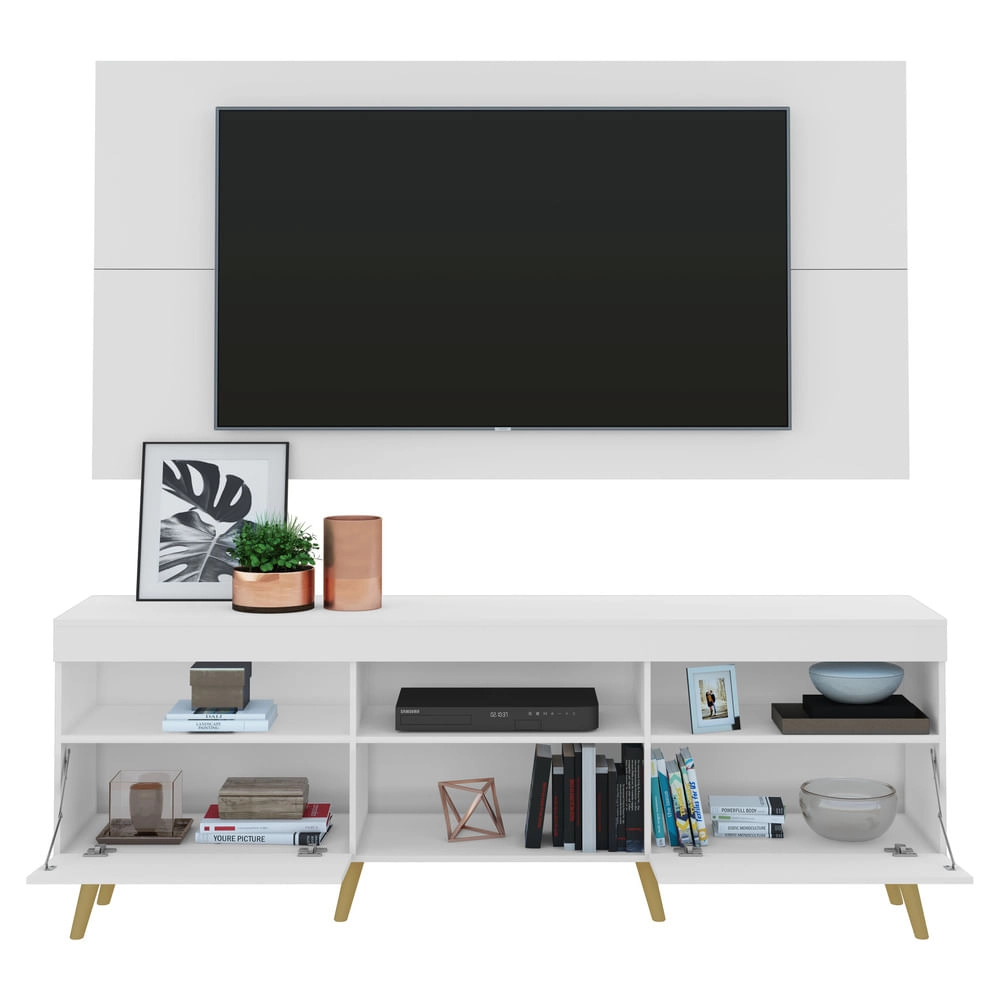 Rack c/ Painel e Suporte TV 65" e Pés Retrô Flórida Multimóveis Branco/Natural