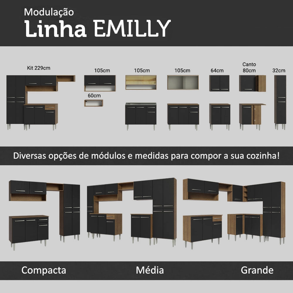 Cozinha Completa de Canto Reto Madesa Emilly Love com Armário e Balcão 13 Portas 1 Gaveta Rustic/Preto Cor:Rustic/Preto