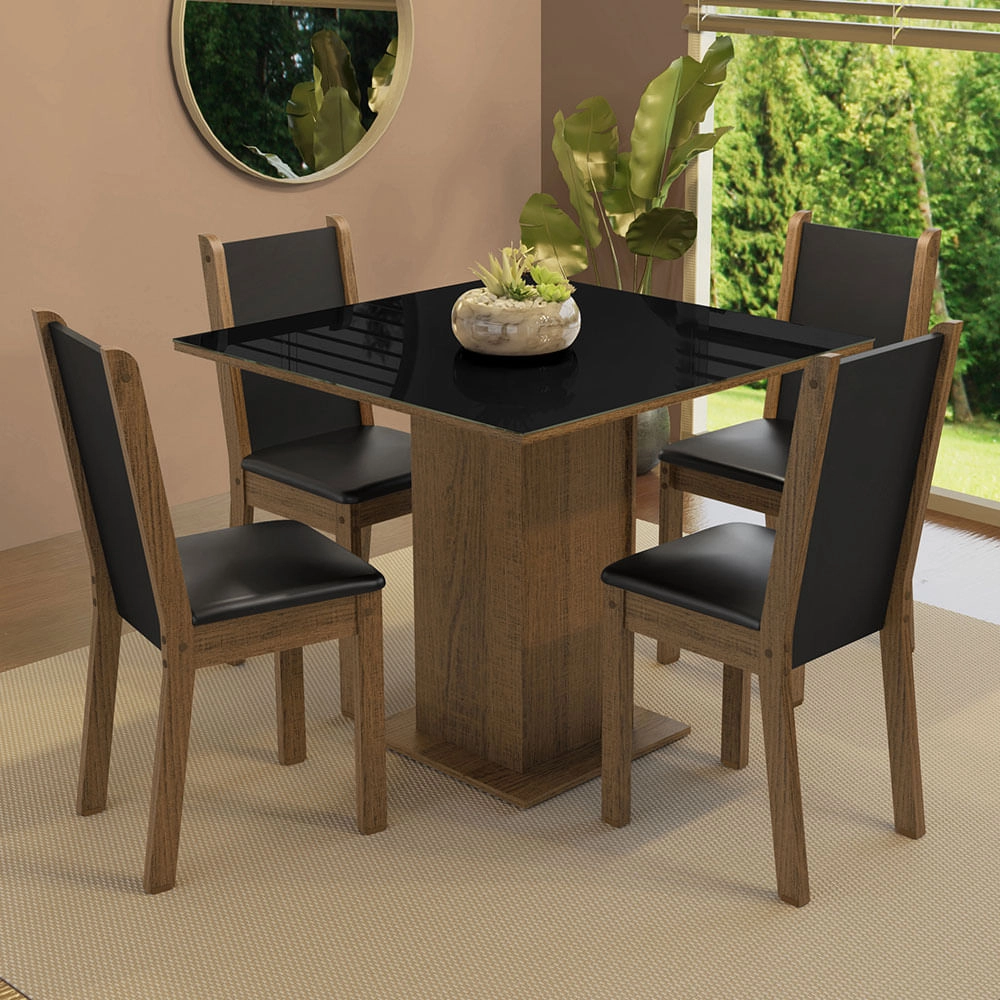 Conjunto Sala de Jantar Mesa Tampo MDF/Vidro com 4 Cadeiras