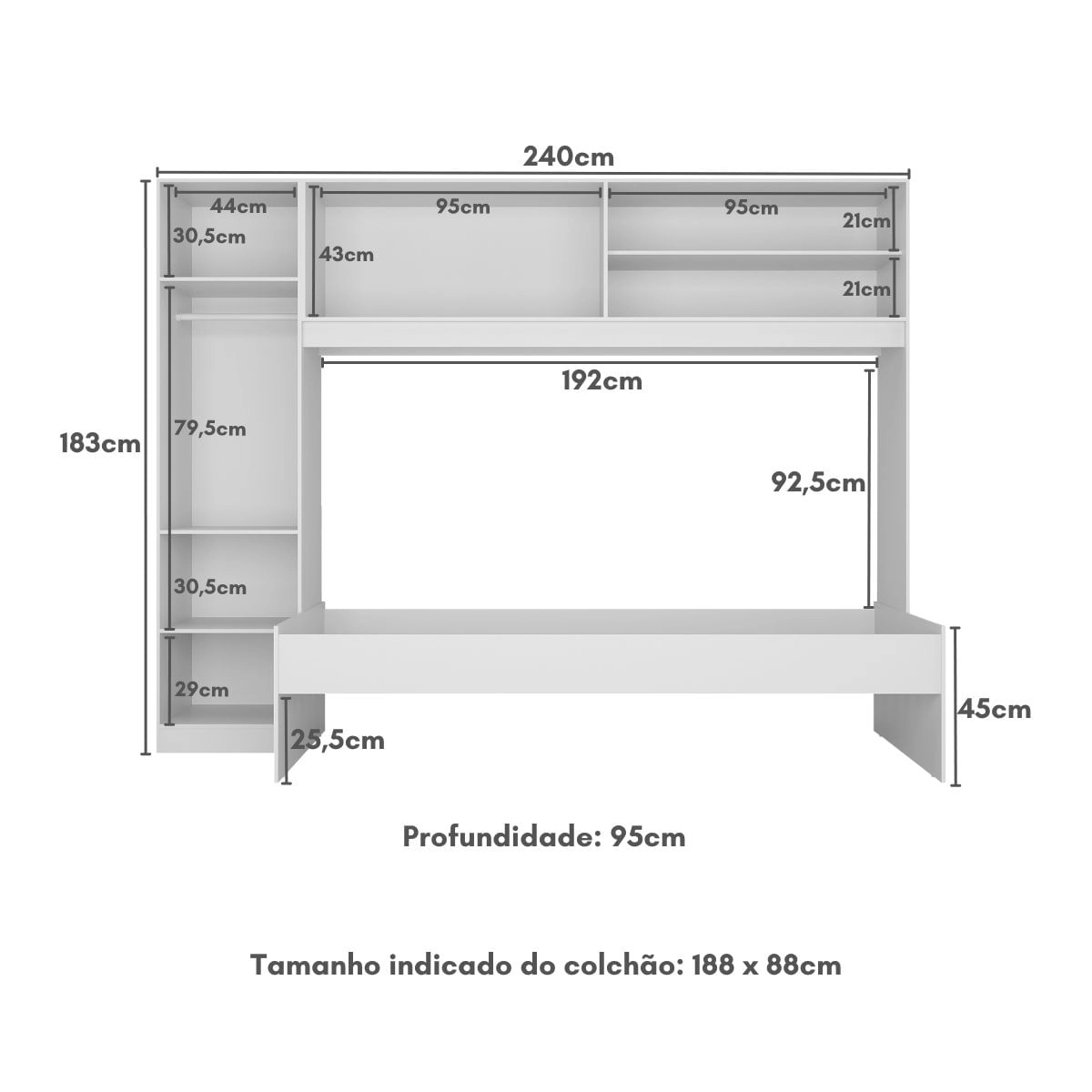 Cama Solteiro com Guarda-Roupas para colchão 88x188 cm Casadinho Multimóveis BB2650 Branco