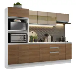 Cozinha Completa 100% MDF Madesa Smart 250 cm Modulada Com Balcão e Tampo Branco/Rustic/Crema Cor:Branco/Rustic/Crema