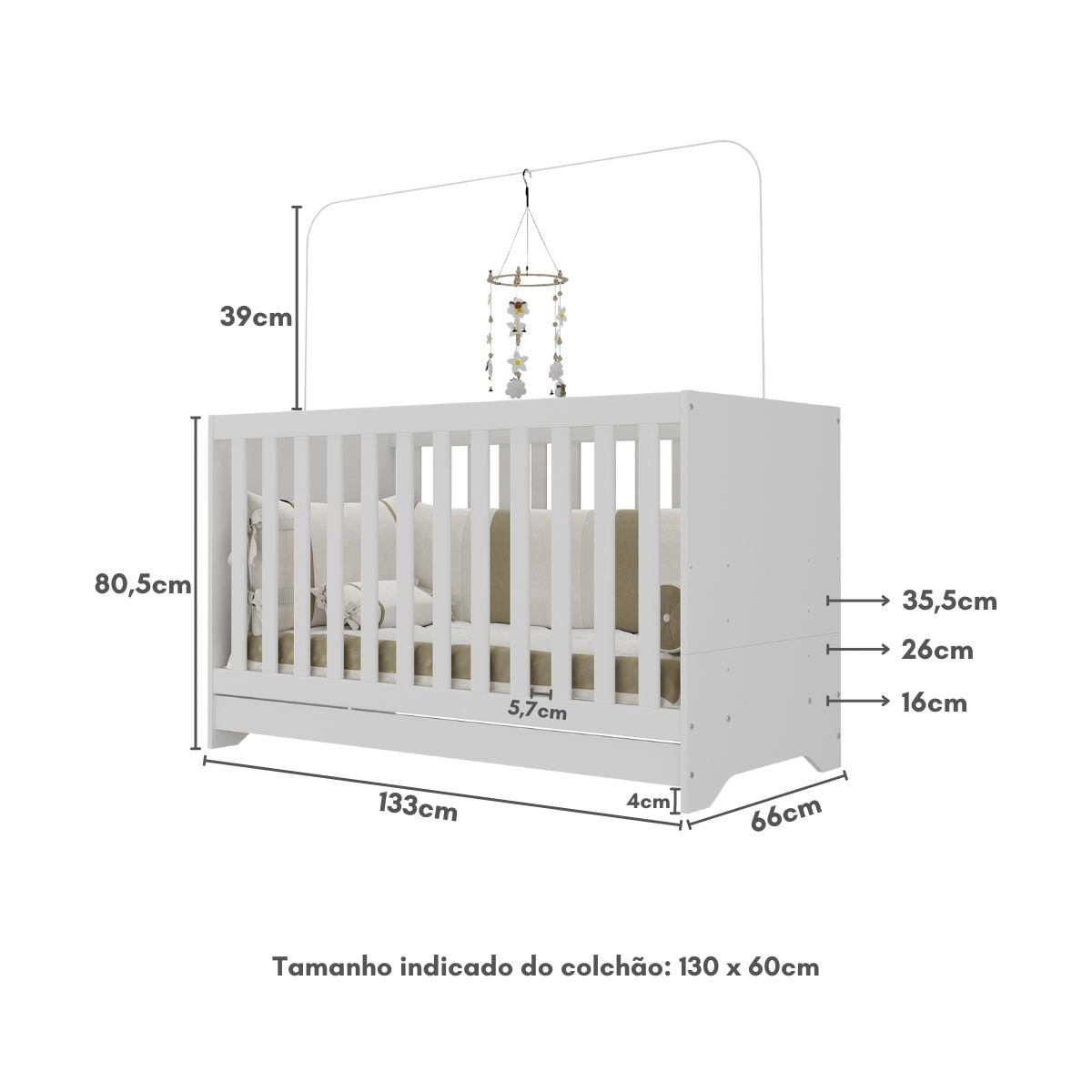 Berço 3 em 1 para Colchão 60x130cm Pipoca Multimóveis BB0527 Branco