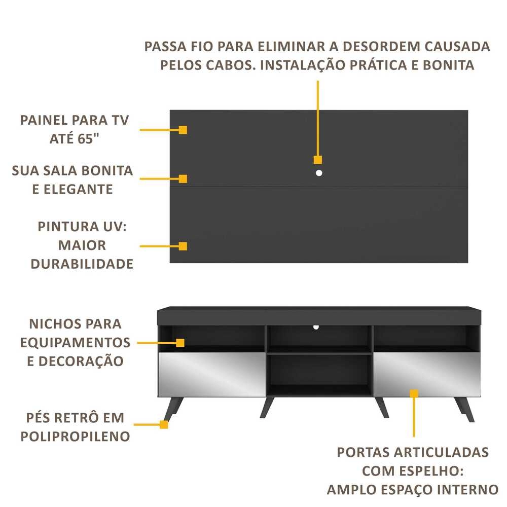 Rack c/ Painel TV 65" Retrô com Espelho Holanda Multimóveis BR3138 Preto