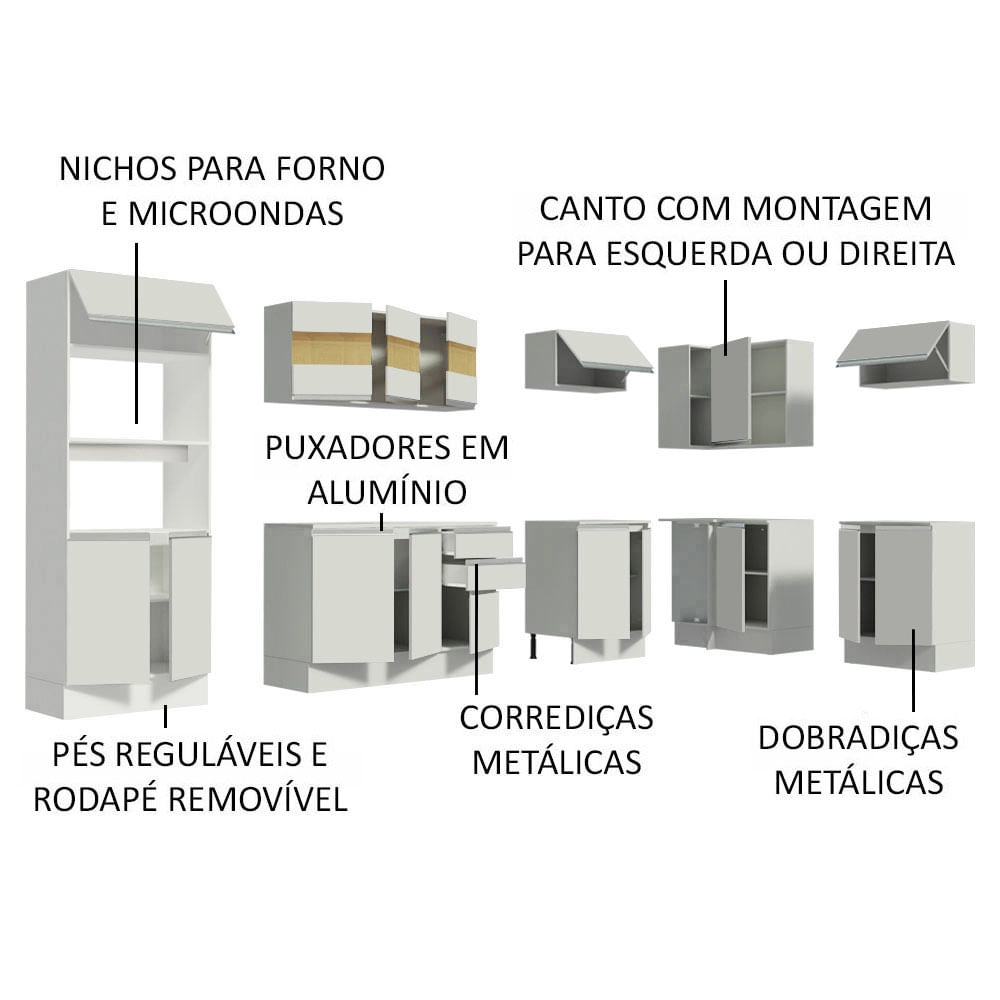 Cozinha Completa 100% MDF Madesa Smart Modulada de Canto Branco Cor:Branco