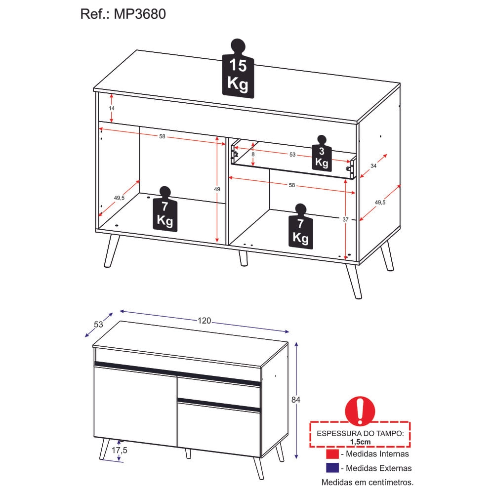 Balcão Cozinha Gabinete Pia 120 cm 2 Portas 1 Gaveta Veneza Multimóveis MP3680.891 Branco