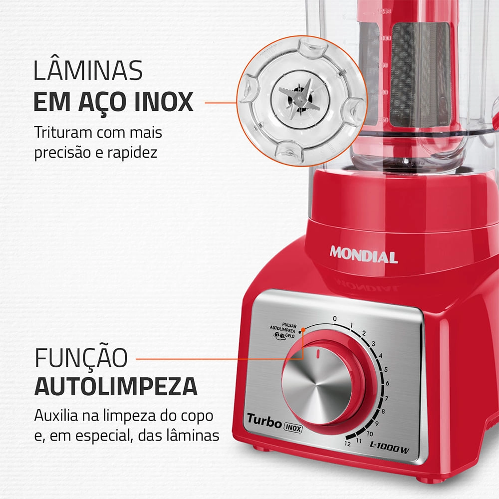 Liquidificador Turbo Mondial  Inox Red L-1000 RI LIQUIDIFICADOR-220V-VERMELHO/INOX