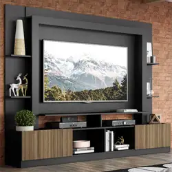 Rack Estante com Painel TV 65" e 2 portas Oslo Multimóveis Preto/Madeirado