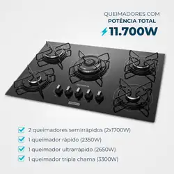 Cooktop a Gás 5 Bocas Tripla Chama Mondial CTG-03 COOKTOP A GÁS-BIV-PRETO/PRATA