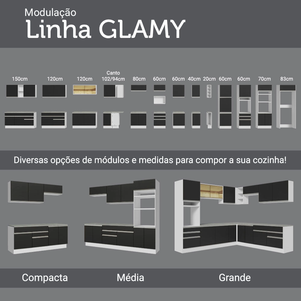 Balcão Gabinete de Pia Madesa Glamy 120 cm 2 Portas e 3 Gavetas Branco/Preto Cor:Branco/Preto