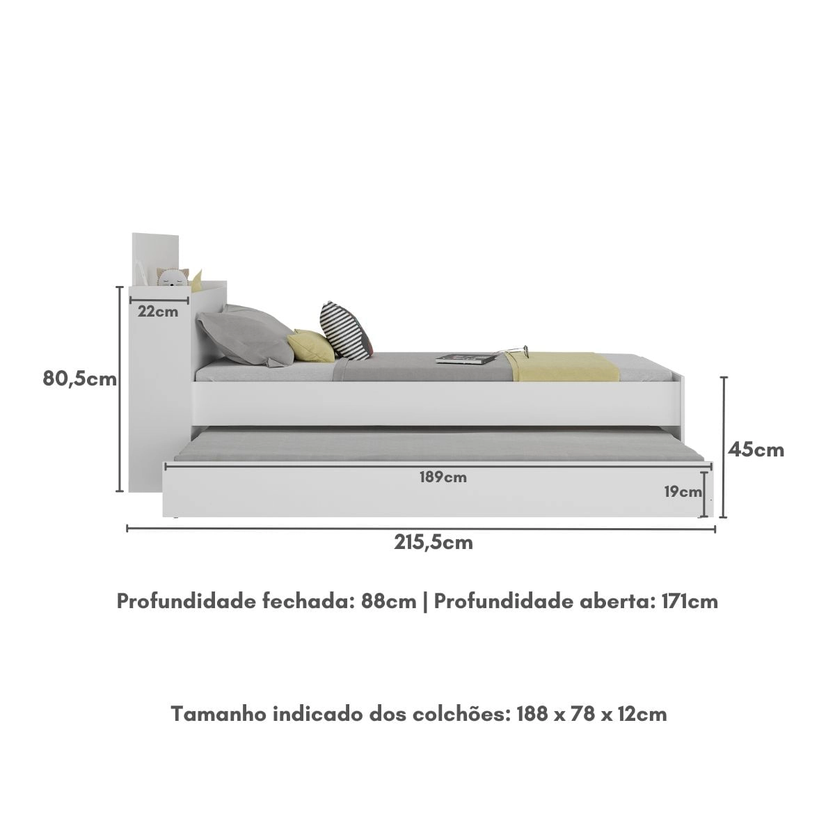 Bicama com Baú Embutido para colchão 78x188cm Cookie Multimóveis BB5009 Branco