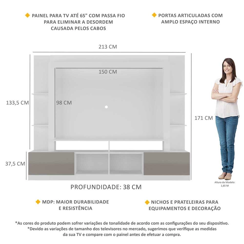 Rack Estante com Painel TV 65" e 2 portas Catar Multimóveis BR3395 Branco/Lacca Fumê