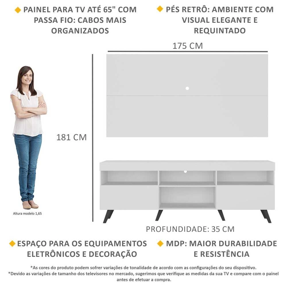 Rack c/ Painel TV 65" Retrô Holanda Multimóveis BR3133 Branco/Preto