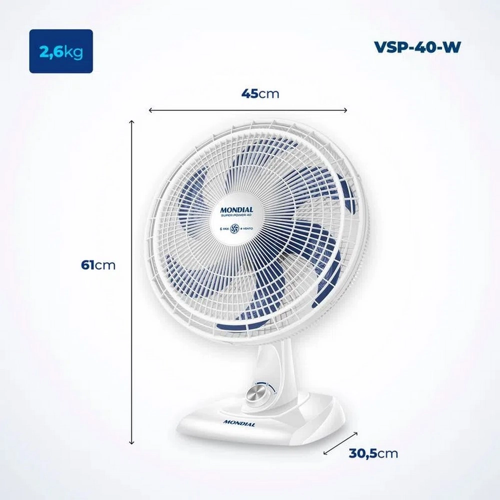 Ventilador de Mesa Mondial 40CM Super Power VSP-40-W 6 Pás Branco/Azul 220V