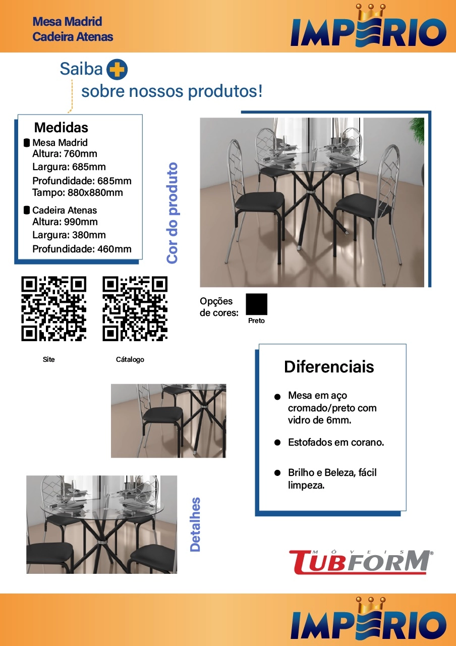 Conjunto Mesa 4 Cadeiras Redonda 0.90 CM Cromo/Preto Madrid/Atena Vidro 6MM Tubform