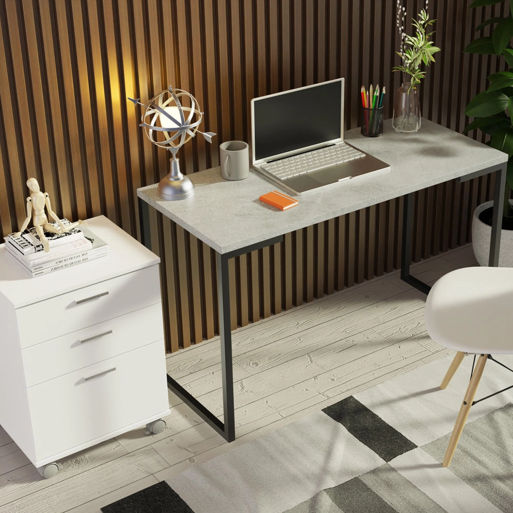 Conjunto Escritório Home Office com Mesa Industrial + Gaveteiro Branco/Cinza Madesa Cor:Branco/Cinza