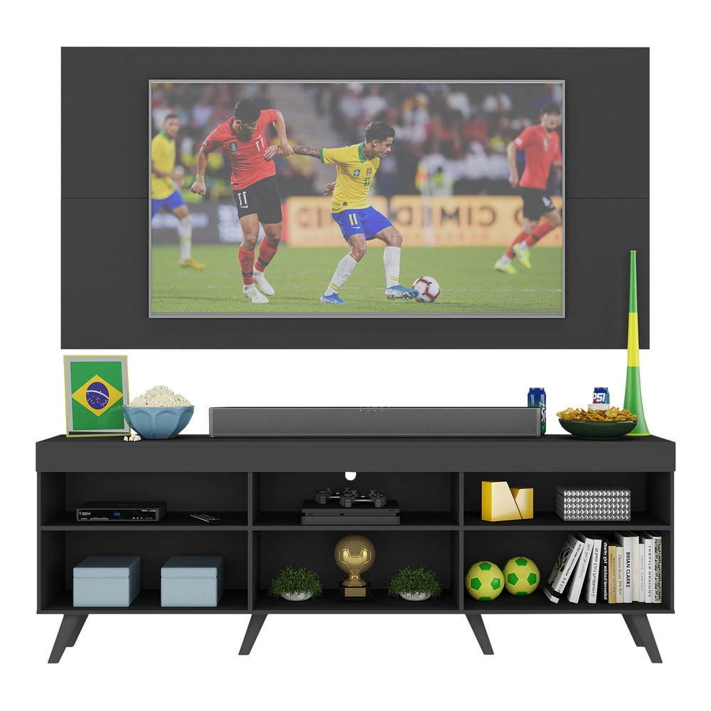 Rack c/ Painel TV 65" Retrô com Espelho Holanda Multimóveis BR3138 Preto