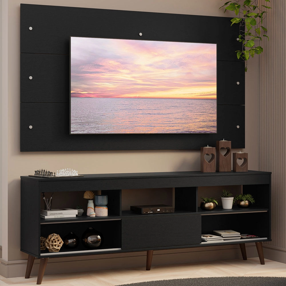 Rack com Painel para TV até 65 Polegadas com Pés Preto Detroit Madesa Cor:Preto