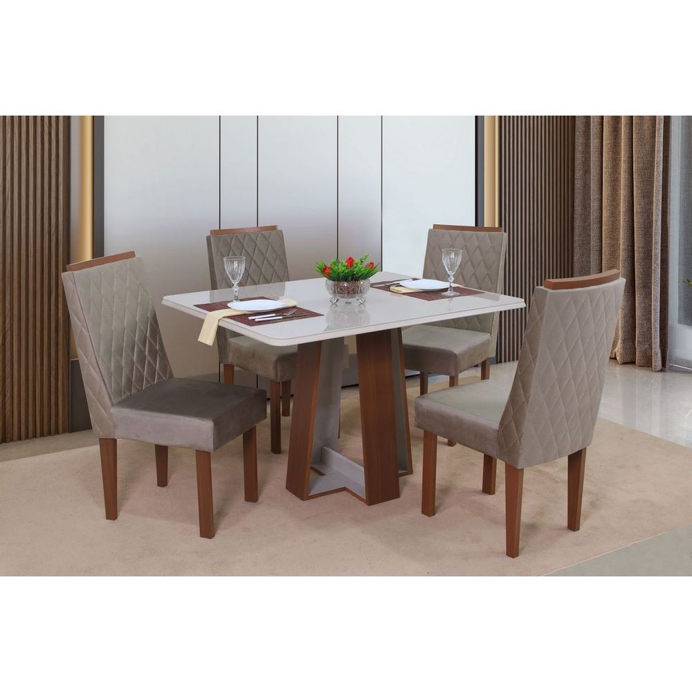 Sala Jantar 4 Cadeiras Retangular 120X90 Lais C/Vidro Naturale/Off Tec Pienza Bege MDF Sao Carlos