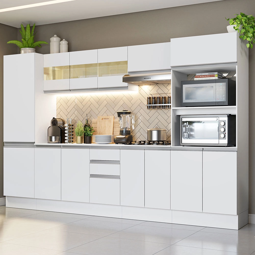 Cozinha Completa 100% MDF Madesa Smart 300 cm Modulada Com Armário, Balcão e Tampo Branco Cor:Branco