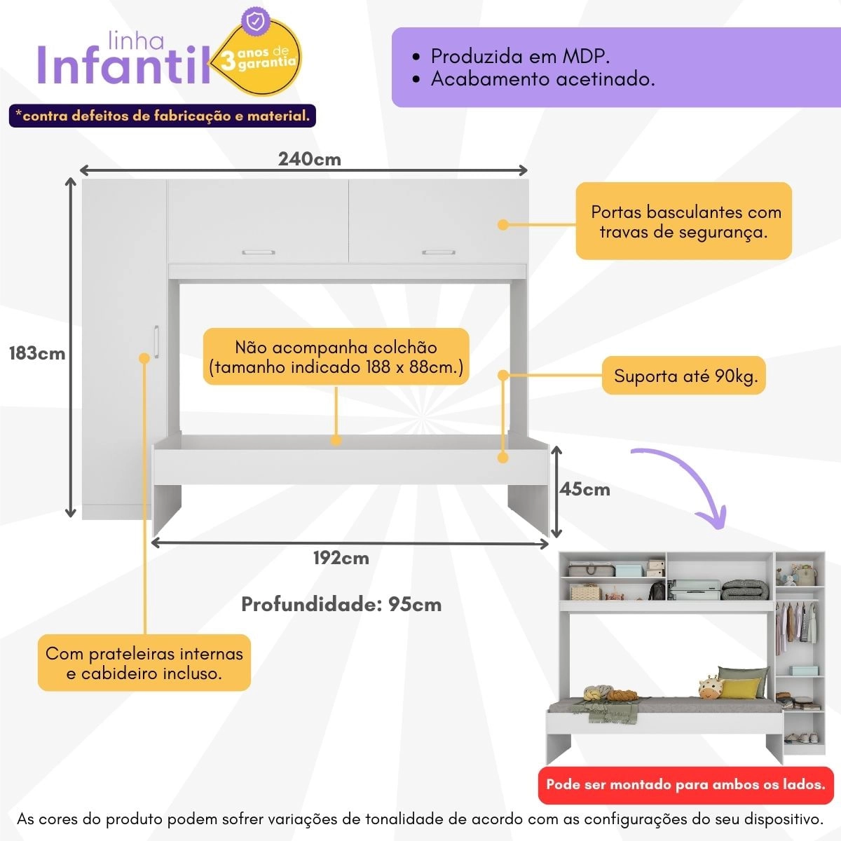 Cama Solteiro com Guarda-Roupas para colchão 88x188 cm Casadinho Multimóveis BB2650 Branco