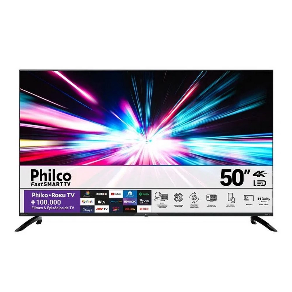 TV LED Smart 50" Philco PTV50G7ER2CPBL UHD 4k Roku Wi-Fi 4 HDMI 2 USB Preto Bivolt