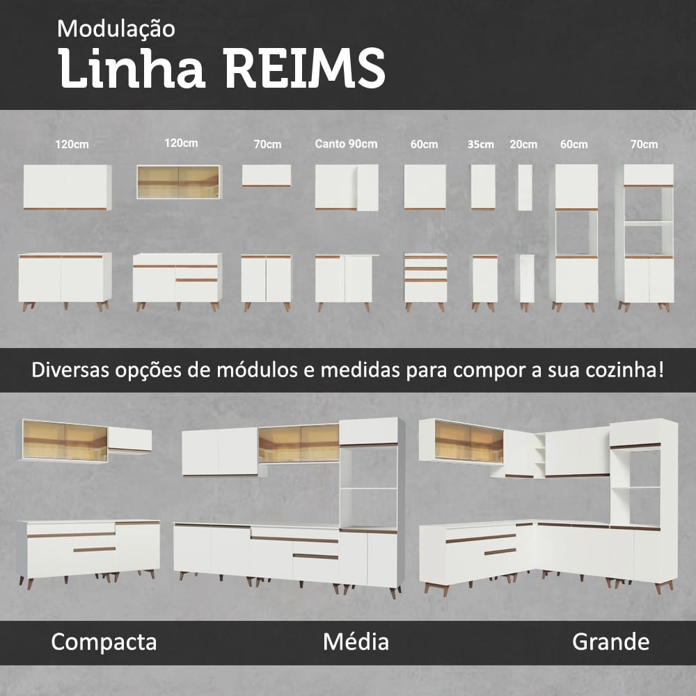 Kit Madesa Reims 60 cm com Armário Aéreo e Balcão com 3 Gavetas Branco Cor:Branco