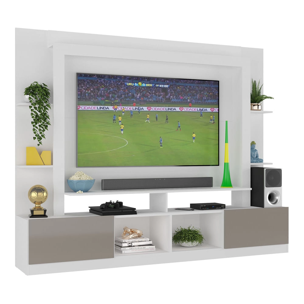 Rack Estante com Painel TV 65" e 2 portas Catar Multimóveis BR3395 Branco/Lacca Fumê