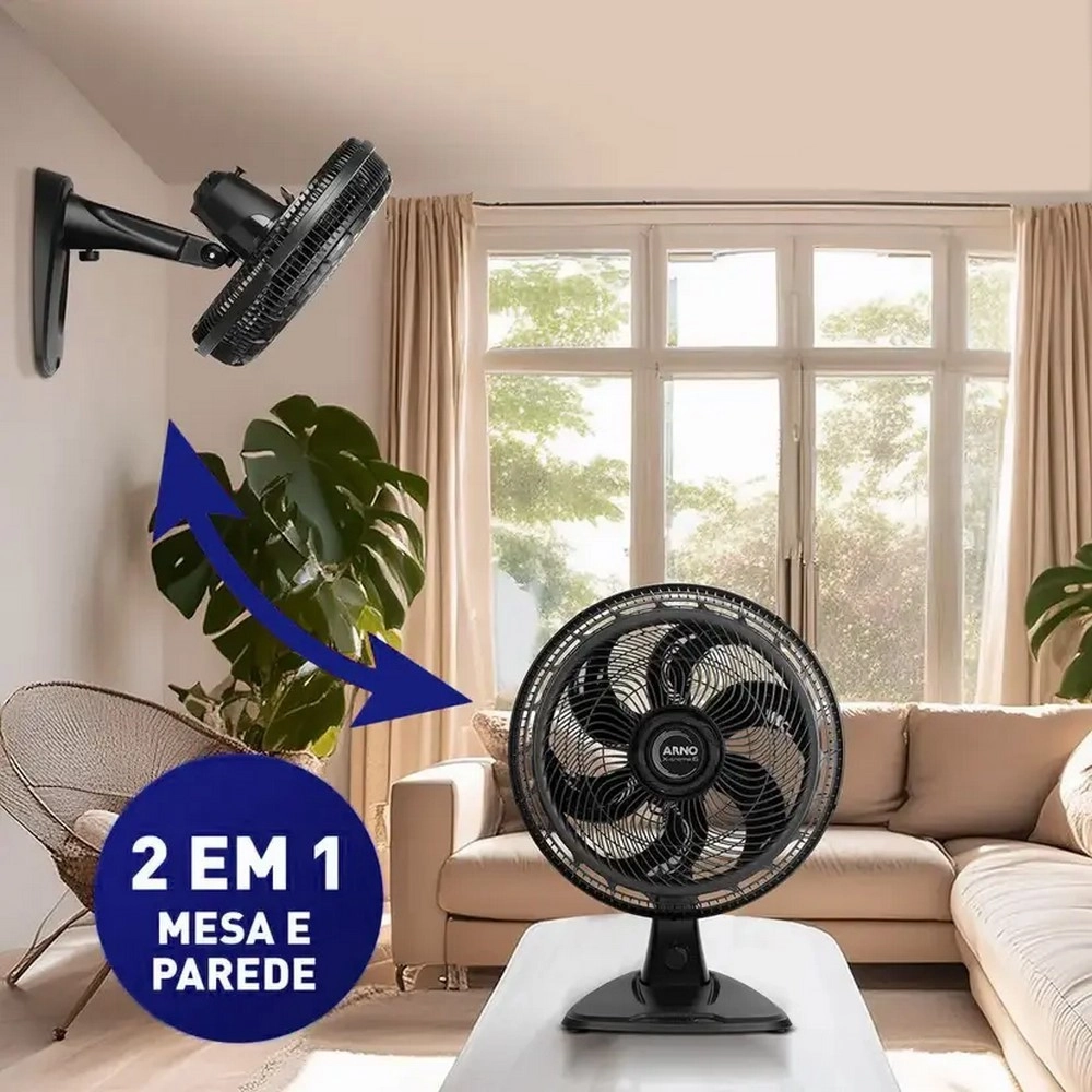 Ventilador de Mesa e Parede Arno 40CM VE60 X-Treme 6 Pas 140W 2 em 1 Preto 220V