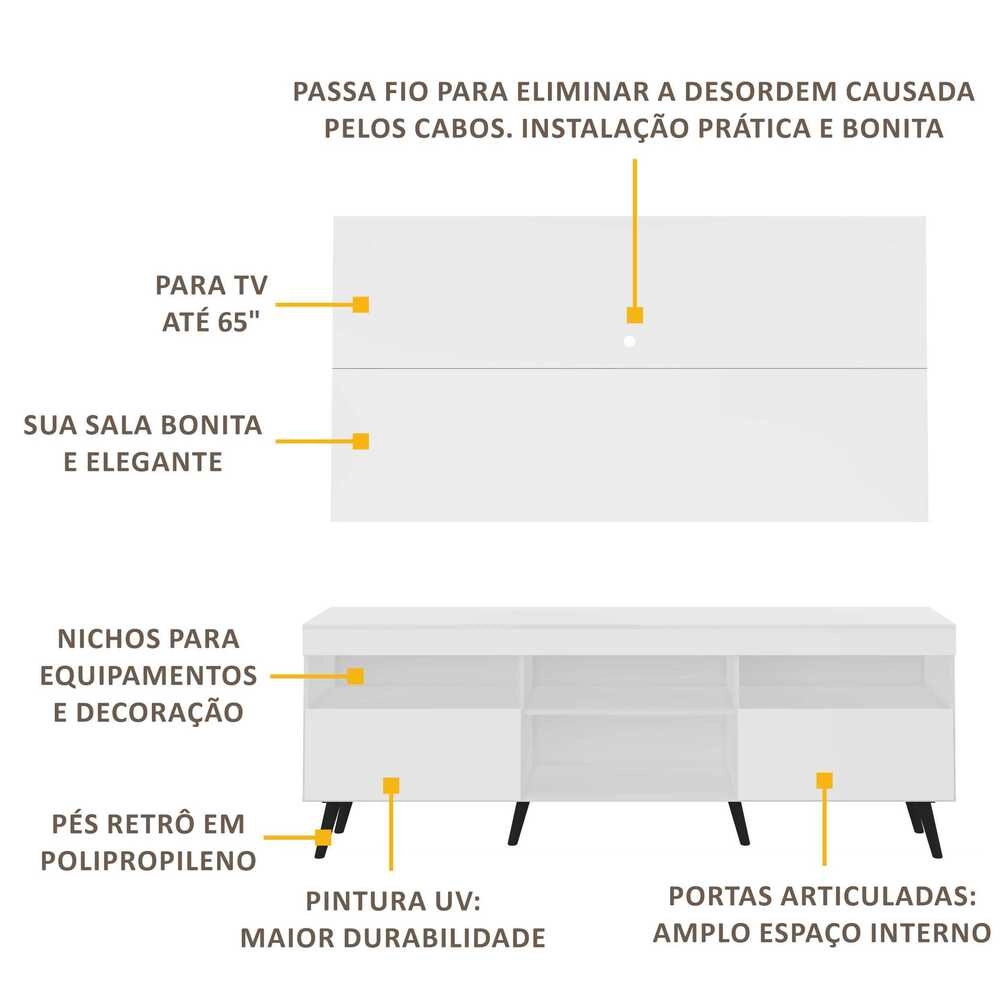 Rack c/ Painel p/ TV até 65" e Pés Retrô Flórida Multimóveis Branco/Preto