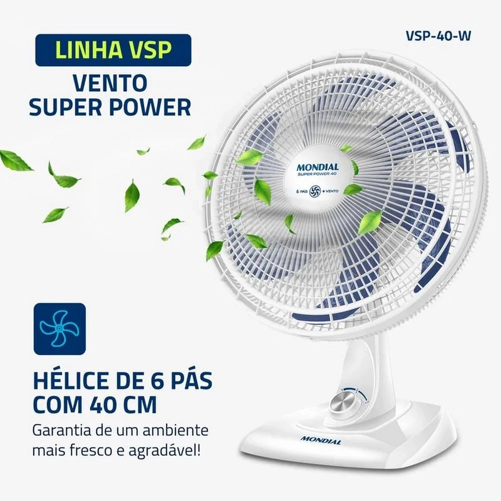 Ventilador de Mesa Mondial 40CM Super Power VSP-40-W 6 Pás Branco/Azul 220V